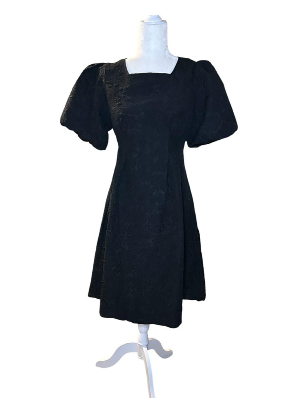Black Textured Mini Dress Small Puff Sleeve Square Neck Fit & Flare Hourglass